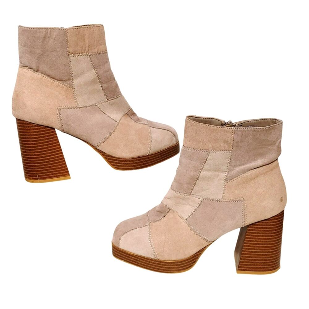 Sugar Warrant 2 Patchwork Ankle Boots Block Heel Taupe Womens Size 10M